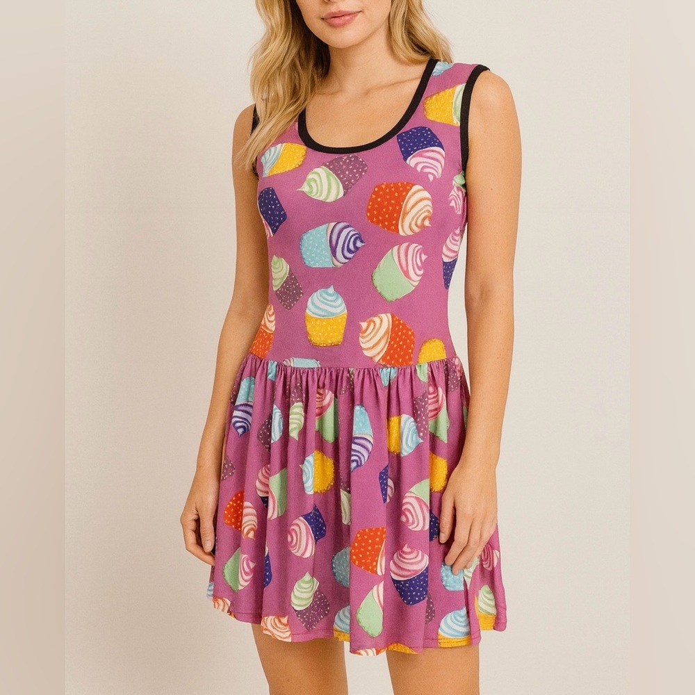 Insanity Clothing Cupcakes Print Sleeveless Knit Mini Dress - Made in England